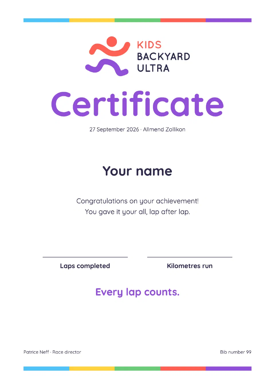 Certificate for Your name with blank fields for completed laps and kilometres