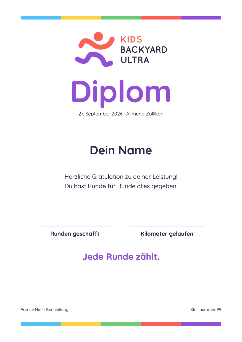 Diplom für Dein Name mit freien Feldern für die gelaufenen Runden und Kilometer